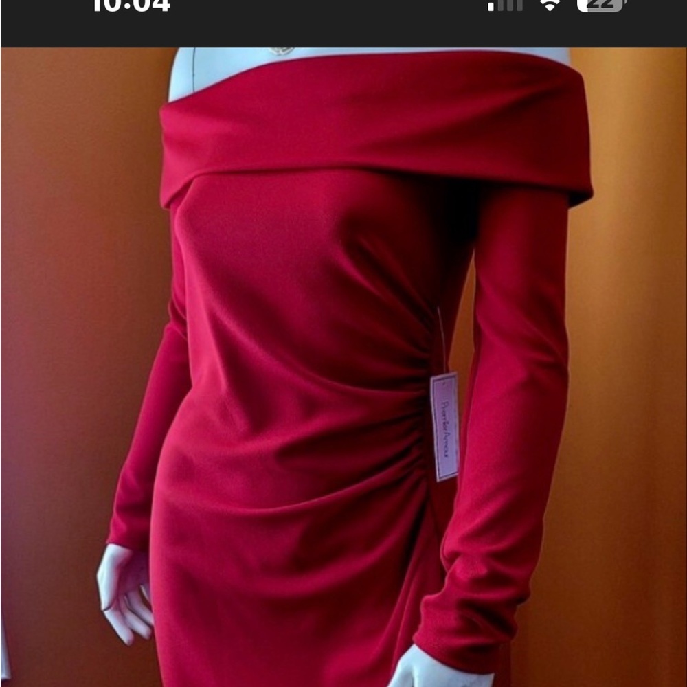 Off-Shoulder Long Sleeve Ruched Midi Dress in Red by
